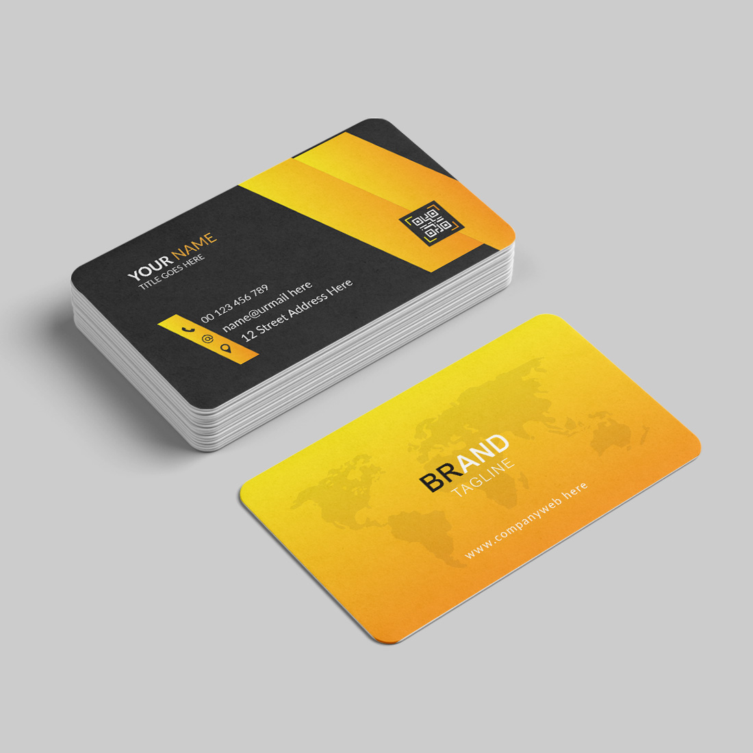 Yellow and black business card design template preview image.
