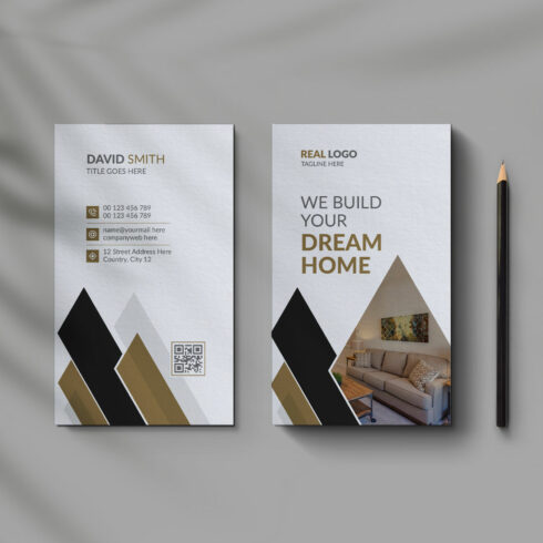 Vertical real estate business card design template cover image.