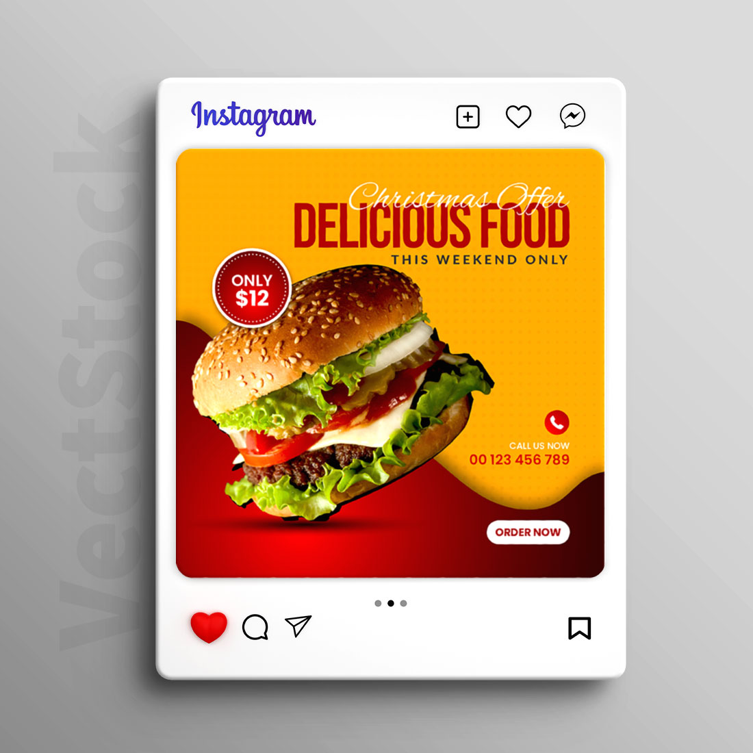 Hot and delicious burger social media Instagram post template preview image.