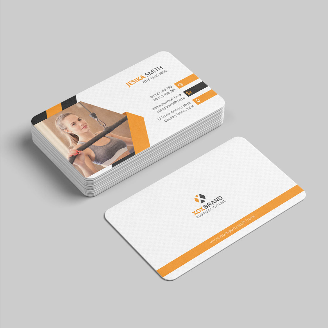 Fitness gym business card design template preview image.