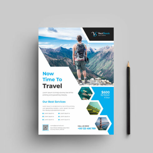 Travel agency flyer design template cover image.