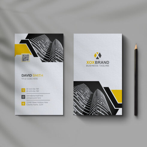 Yellow vertical business card design template cover image.