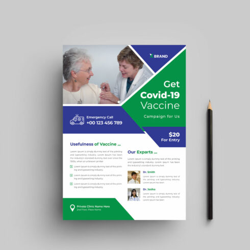 Covid-19 vaccination flyer design template cover image.