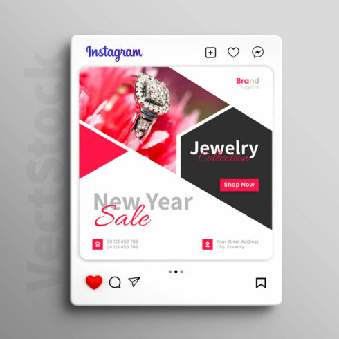 New year sale jewelry social media instagram post template cover image.