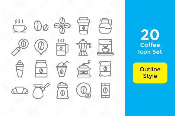 20 Coffee Icon Set With 3 Styles preview image.