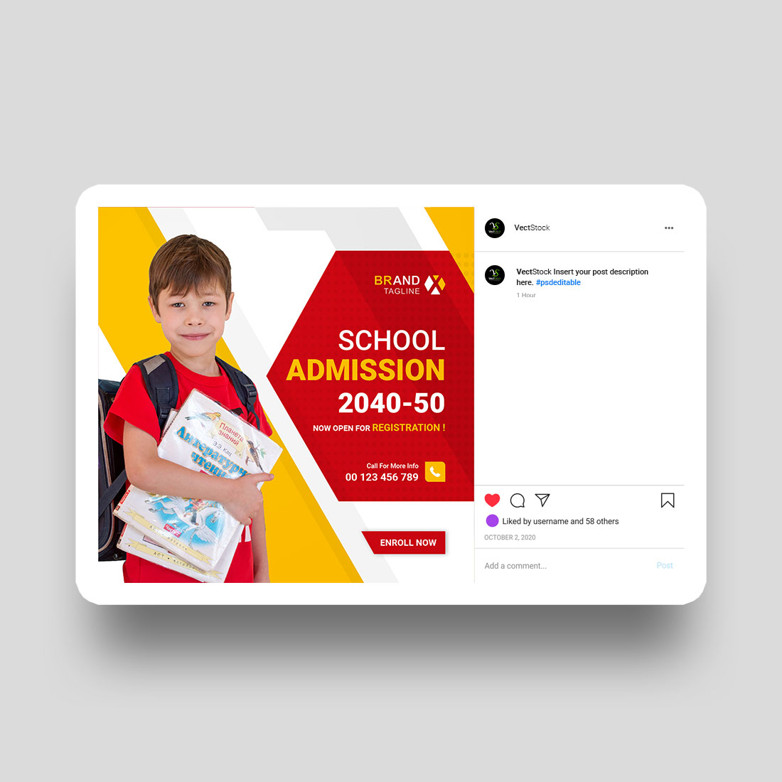 School admission social media post template preview image.