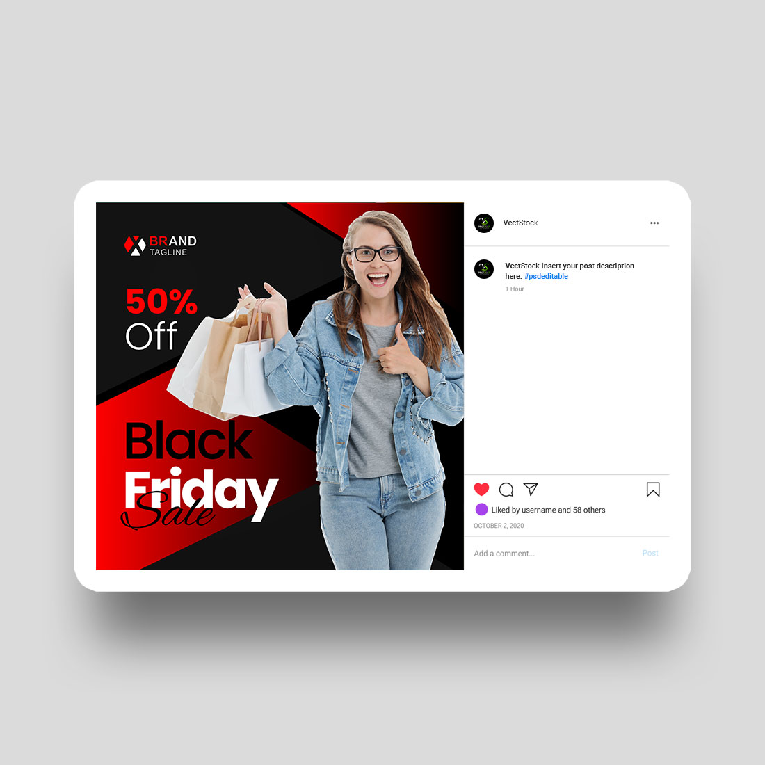 Black Friday sale social media post template preview image.