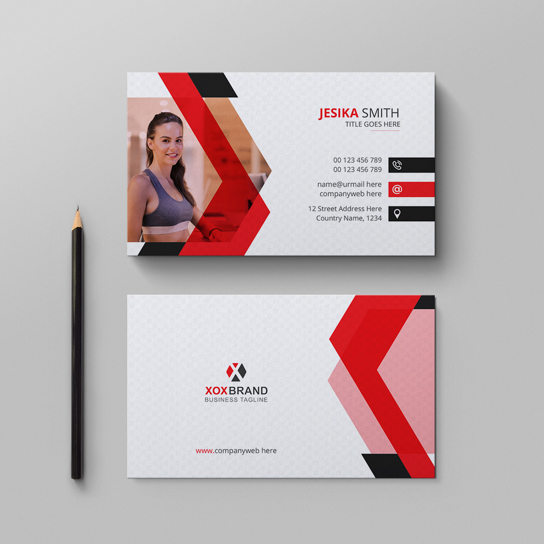 Fitness business card design template preview image.