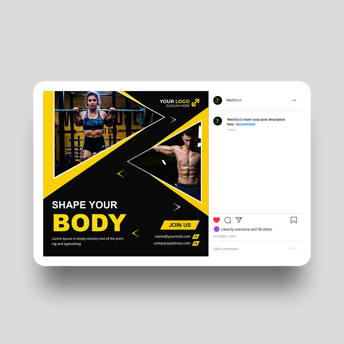 Gym fitness sports social media instagram post template preview image.