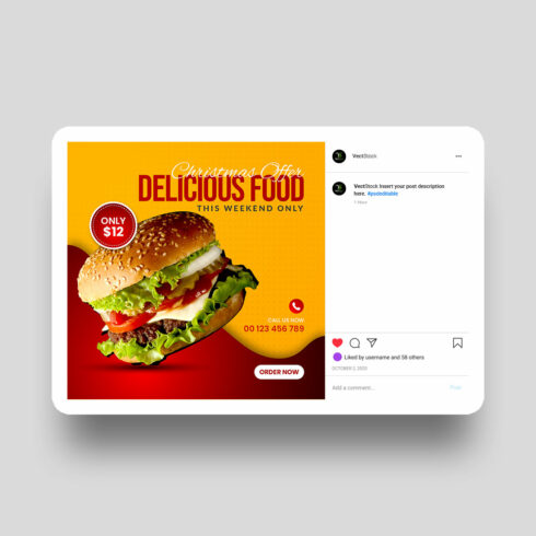 Hot and delicious burger social media Instagram post template cover image.