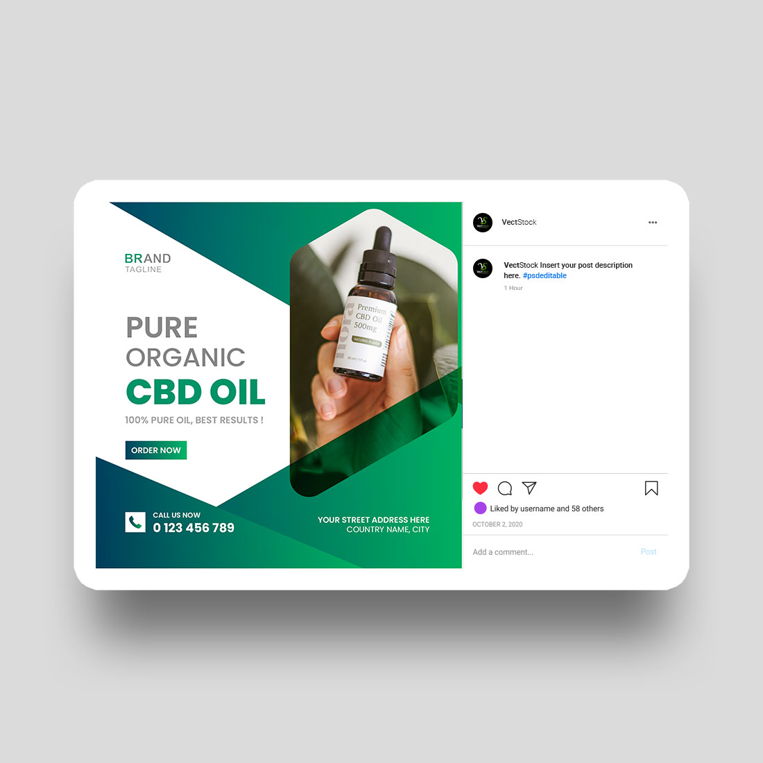 Hemp oil or cbd products social media post template preview image.