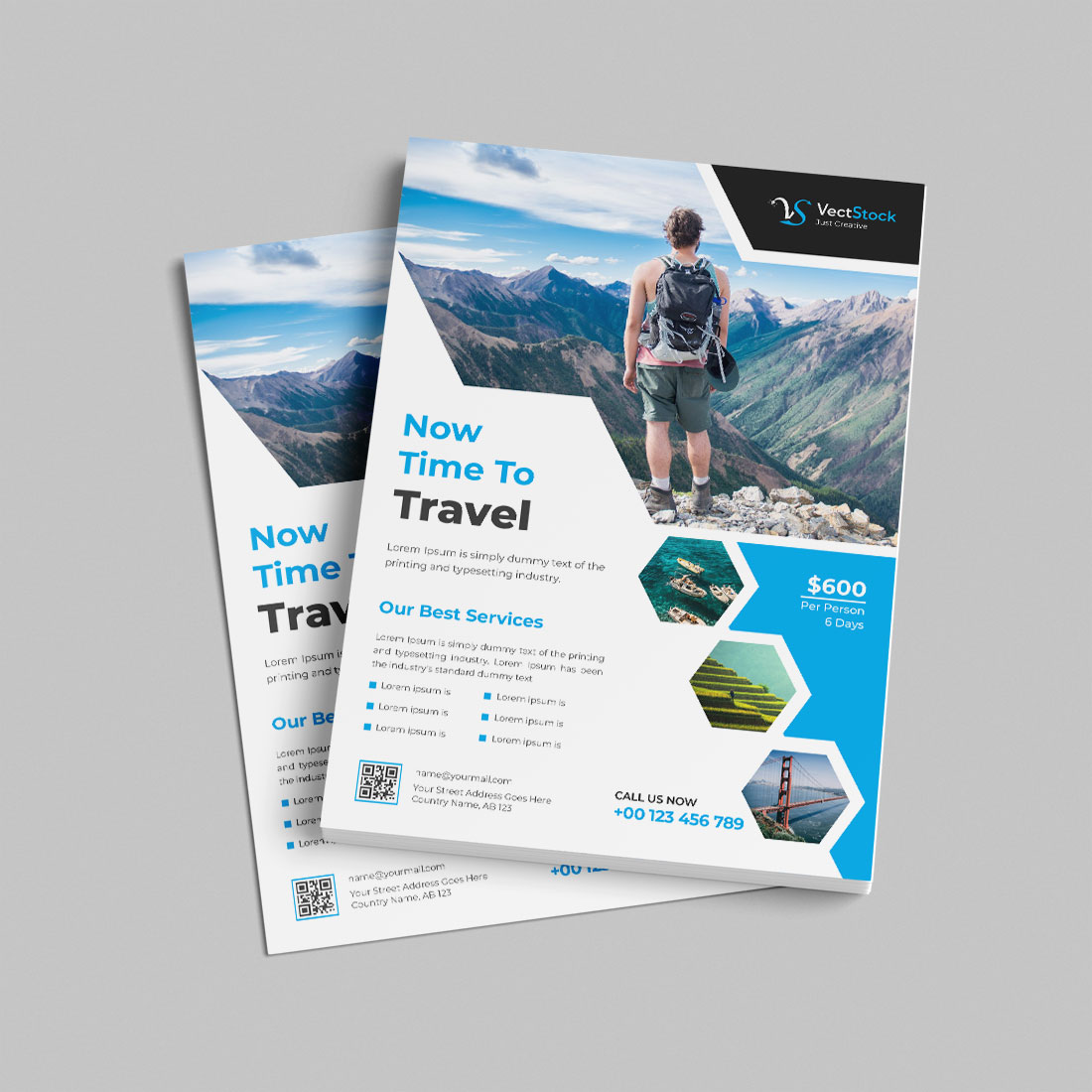 Travel agency flyer design template preview image.