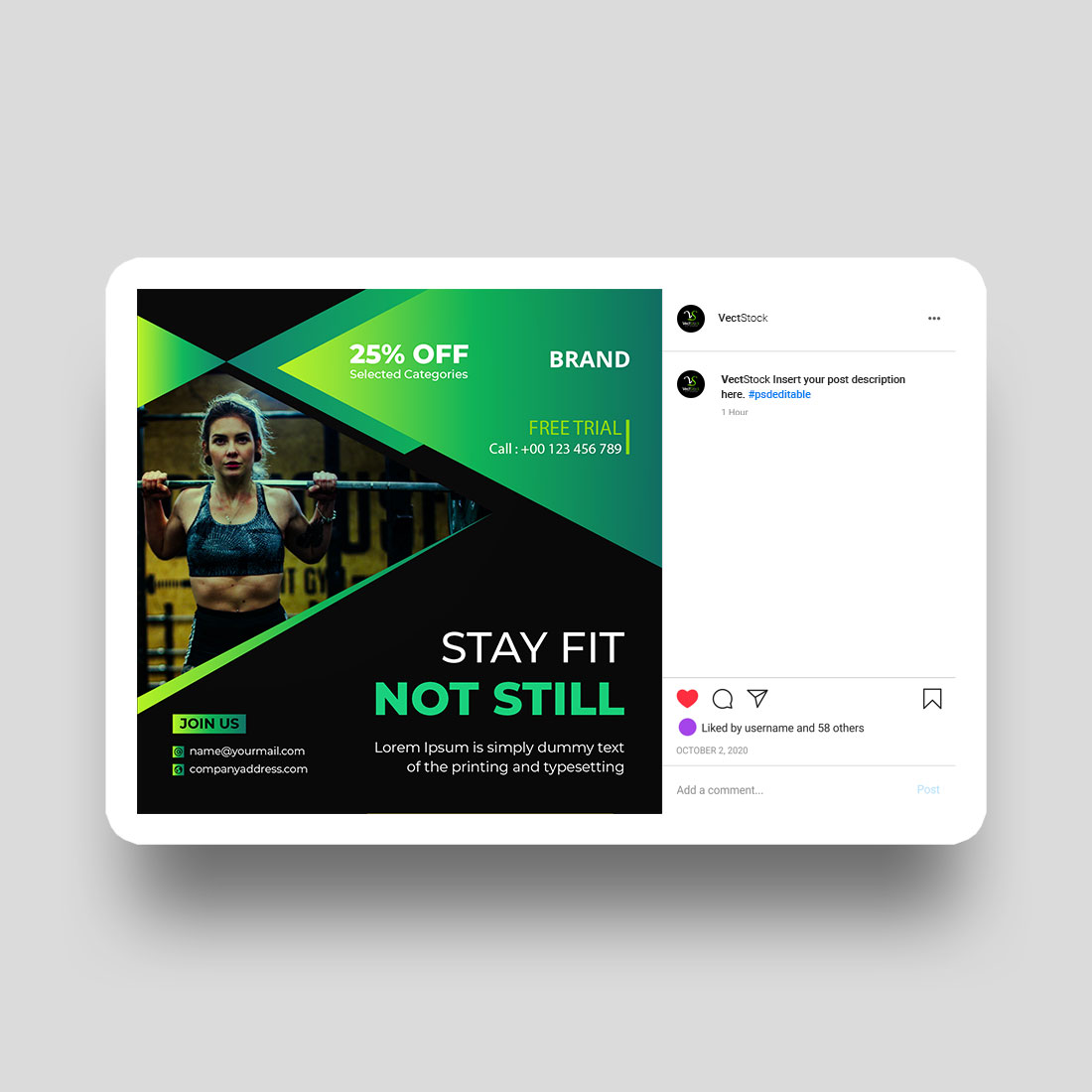 Gym fitness social media Instagram post and banner template design preview image.