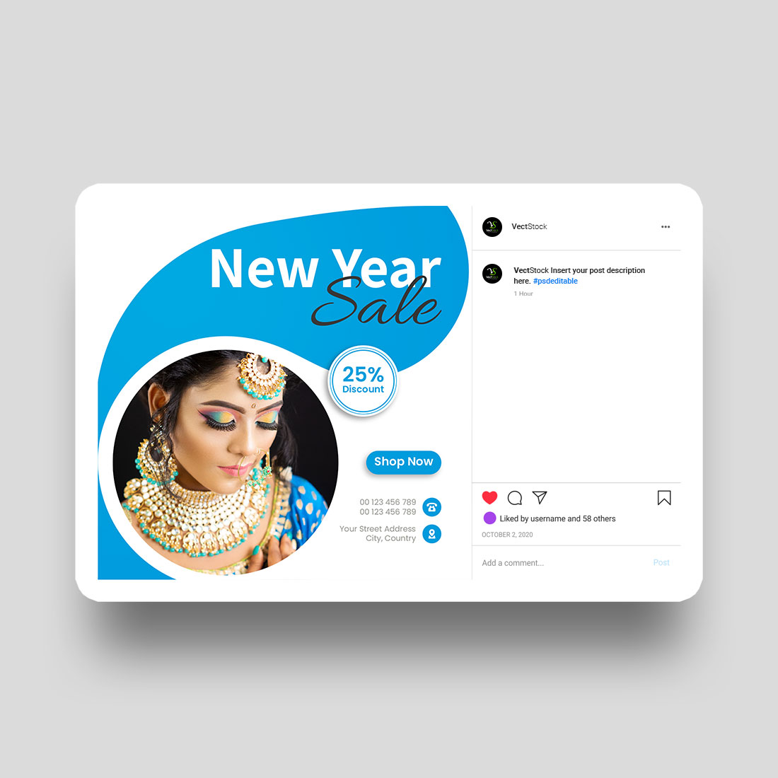 Jewelry blue social media and instagram post template preview image.