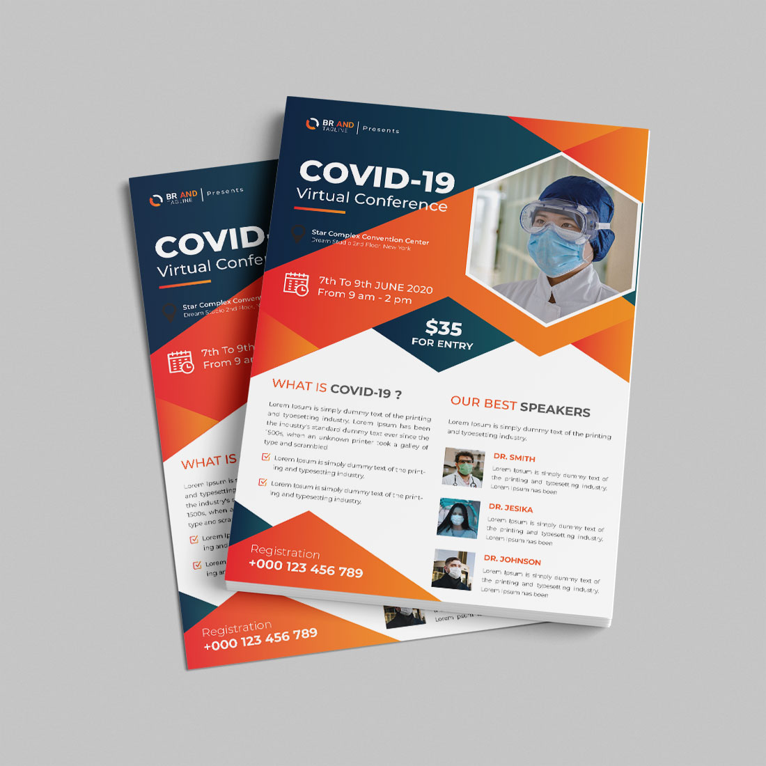Covid-19 virtual conference flyer design template preview image.