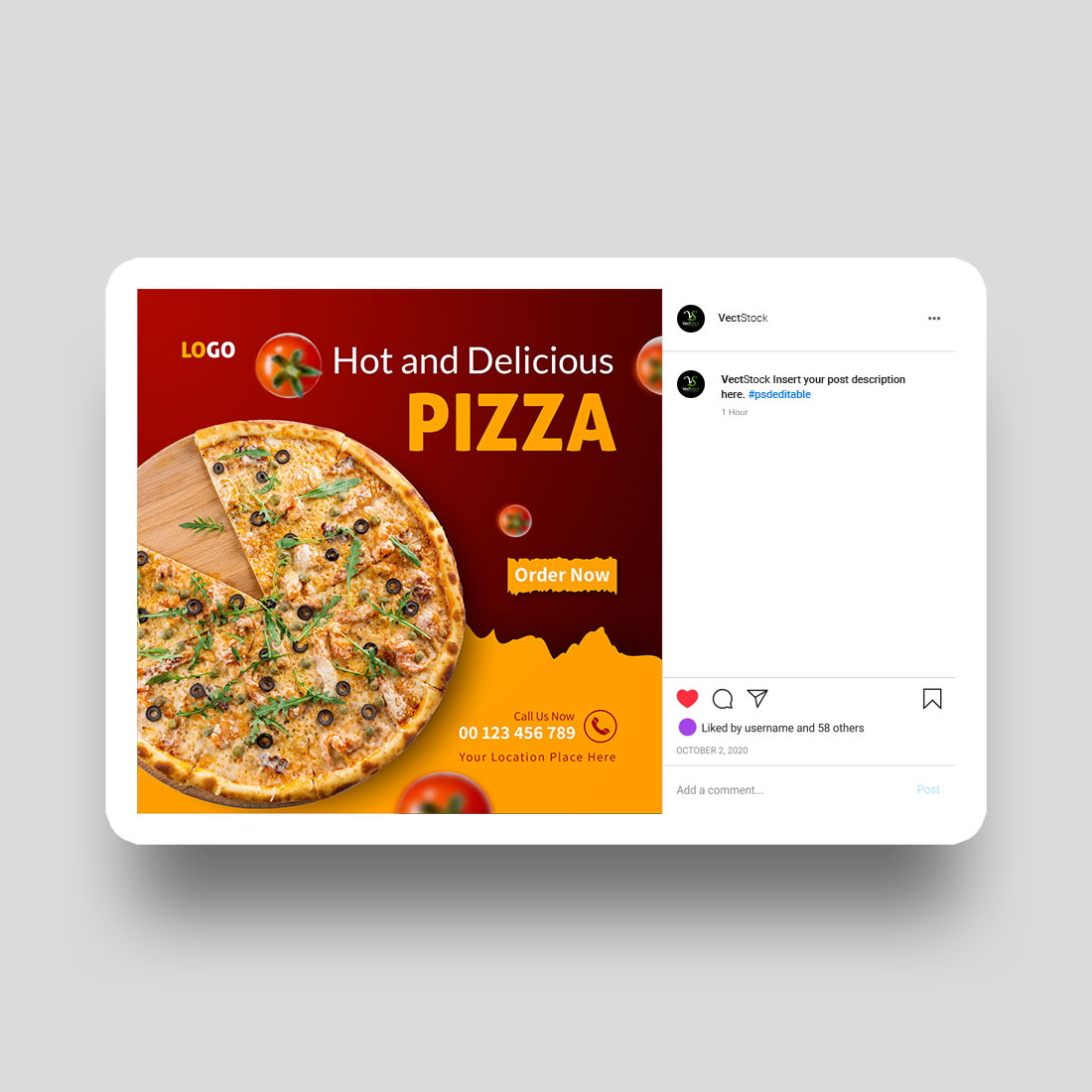 Hot pizza sale social media instagram post template preview image.
