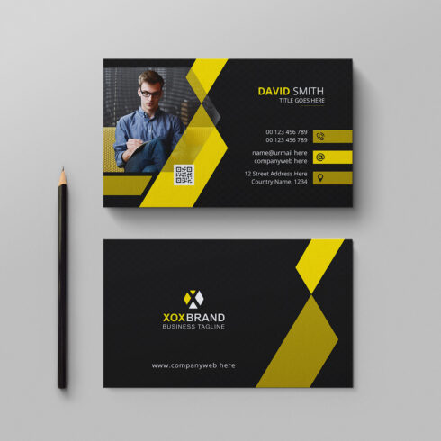 Dark and yellow business card design template cover image.
