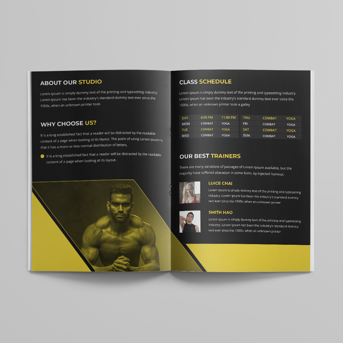 Fitness Gym Bifold Brochure Design Template preview image.