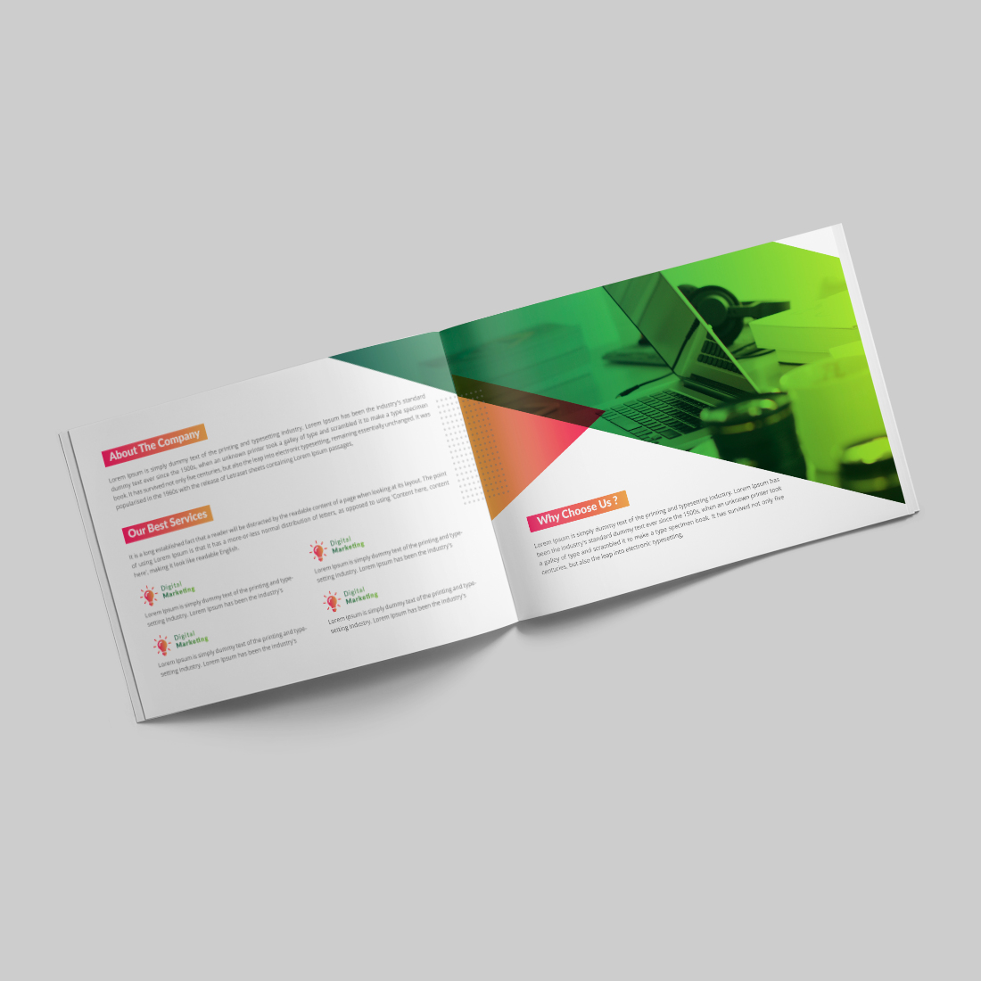 Creative landscape bifold brochure design template preview image.