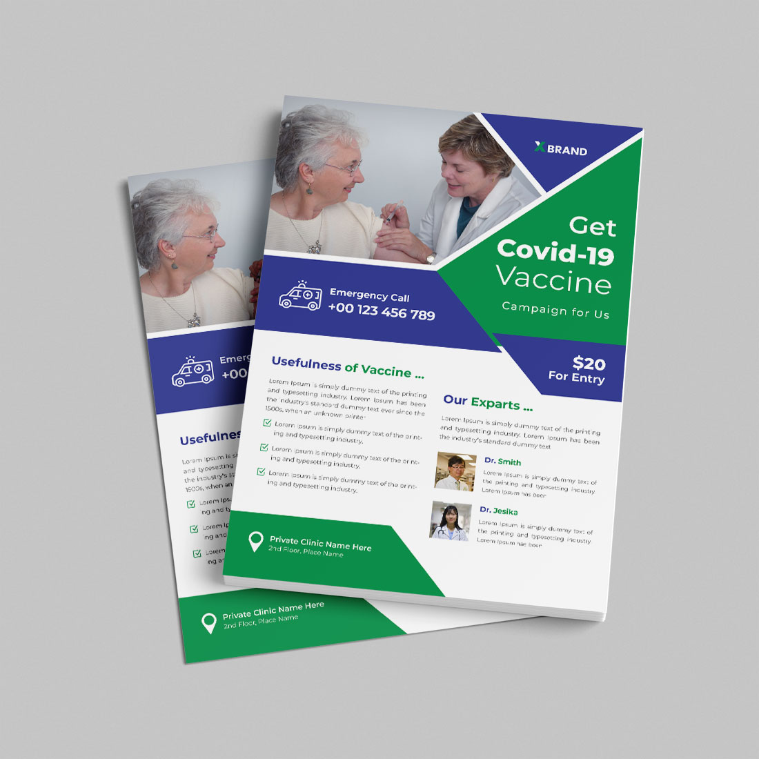 Covid-19 vaccination flyer design template preview image.