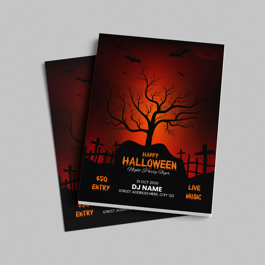 Happy Halloween flyer design template preview image.