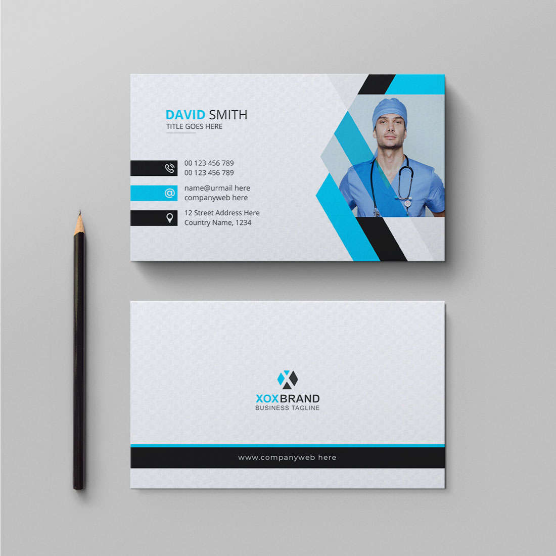 Medical business card design template preview image.