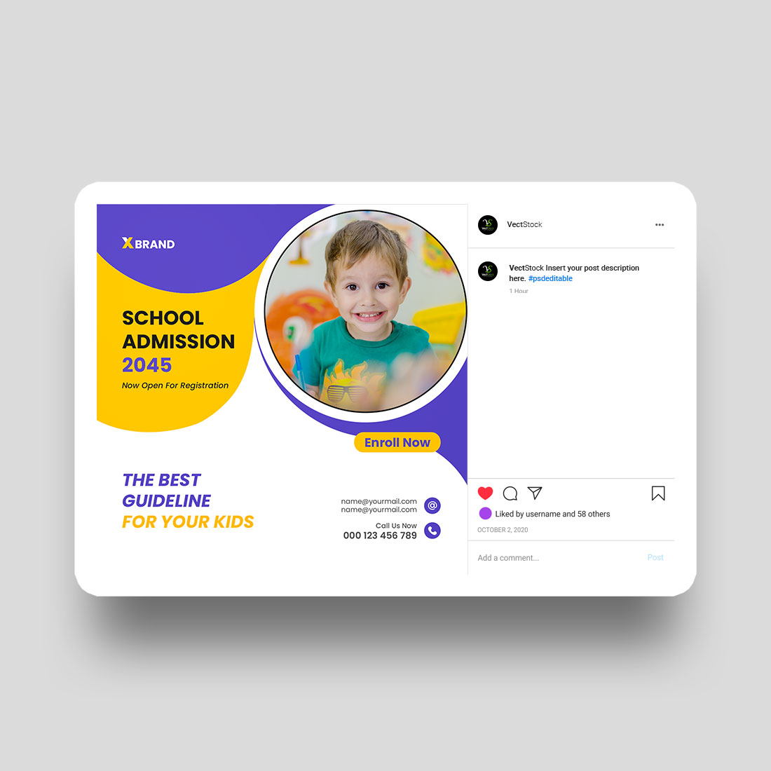Kids admission social media Instagram post and banner template design preview image.