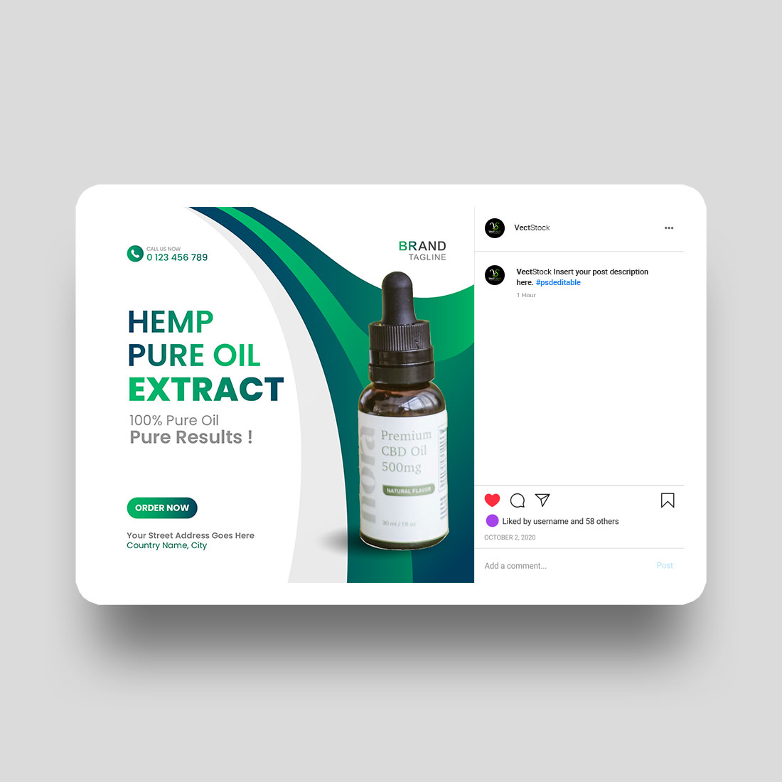 Cbd hemp oil social media post banner template preview image.