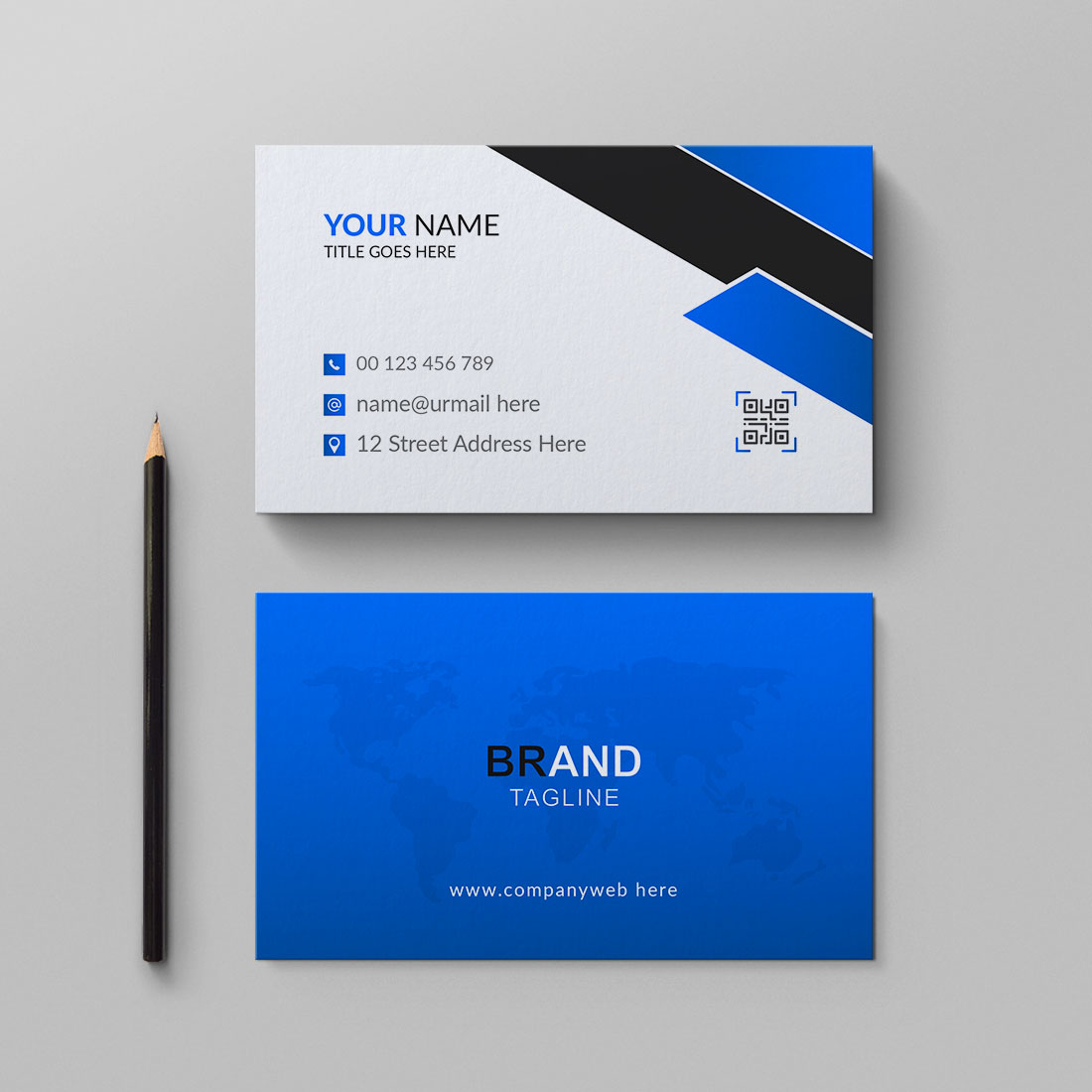 Blue creative business card design template preview image.