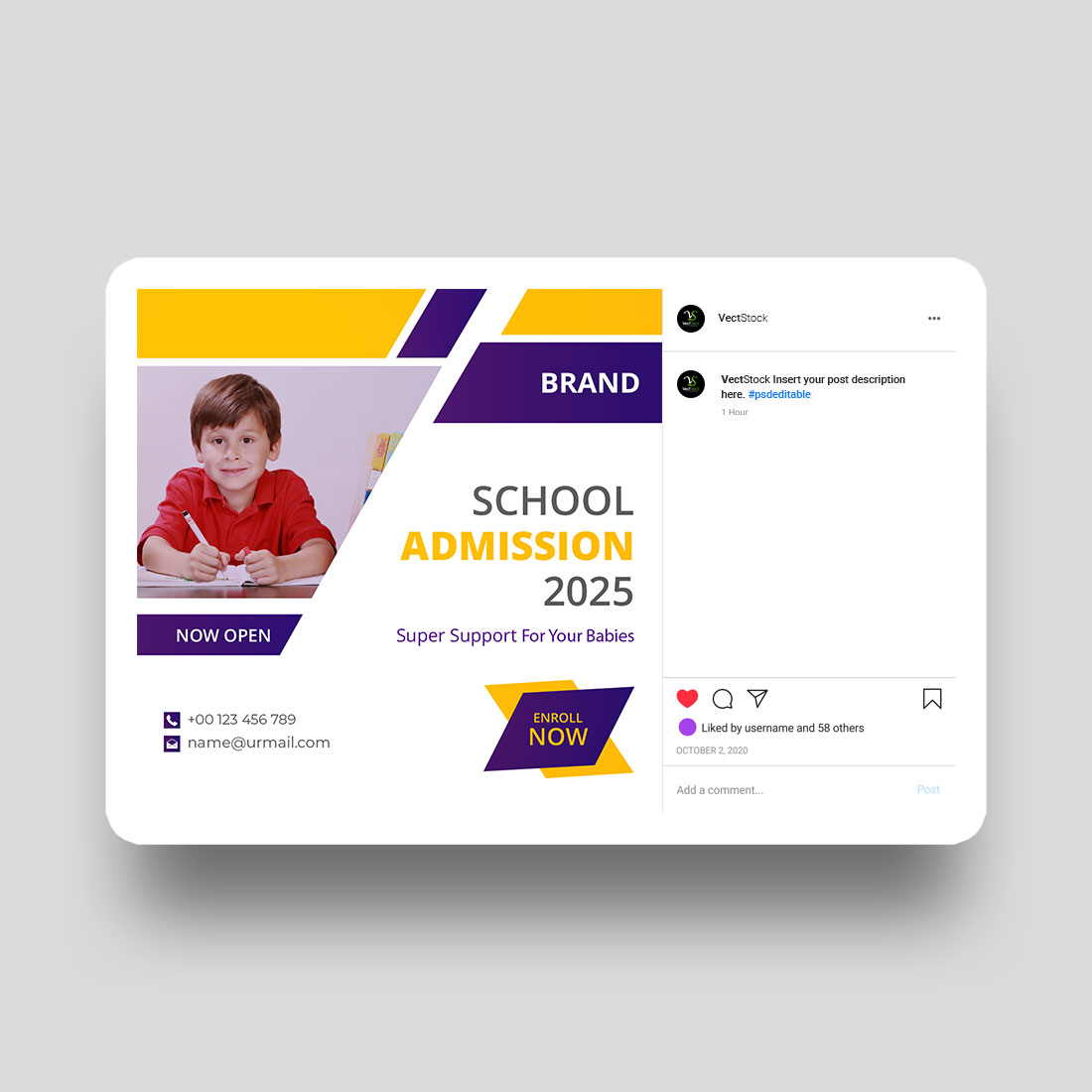 Kids school admission social media Instagram post and banner template design preview image.