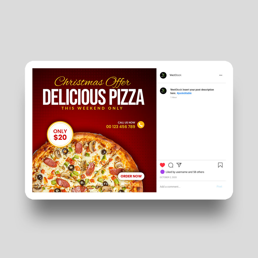 Delicious pizza social media Instagram post template cover image.