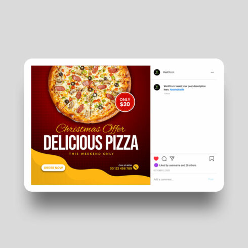 Delicious pizza sale social media Instagram post template cover image.