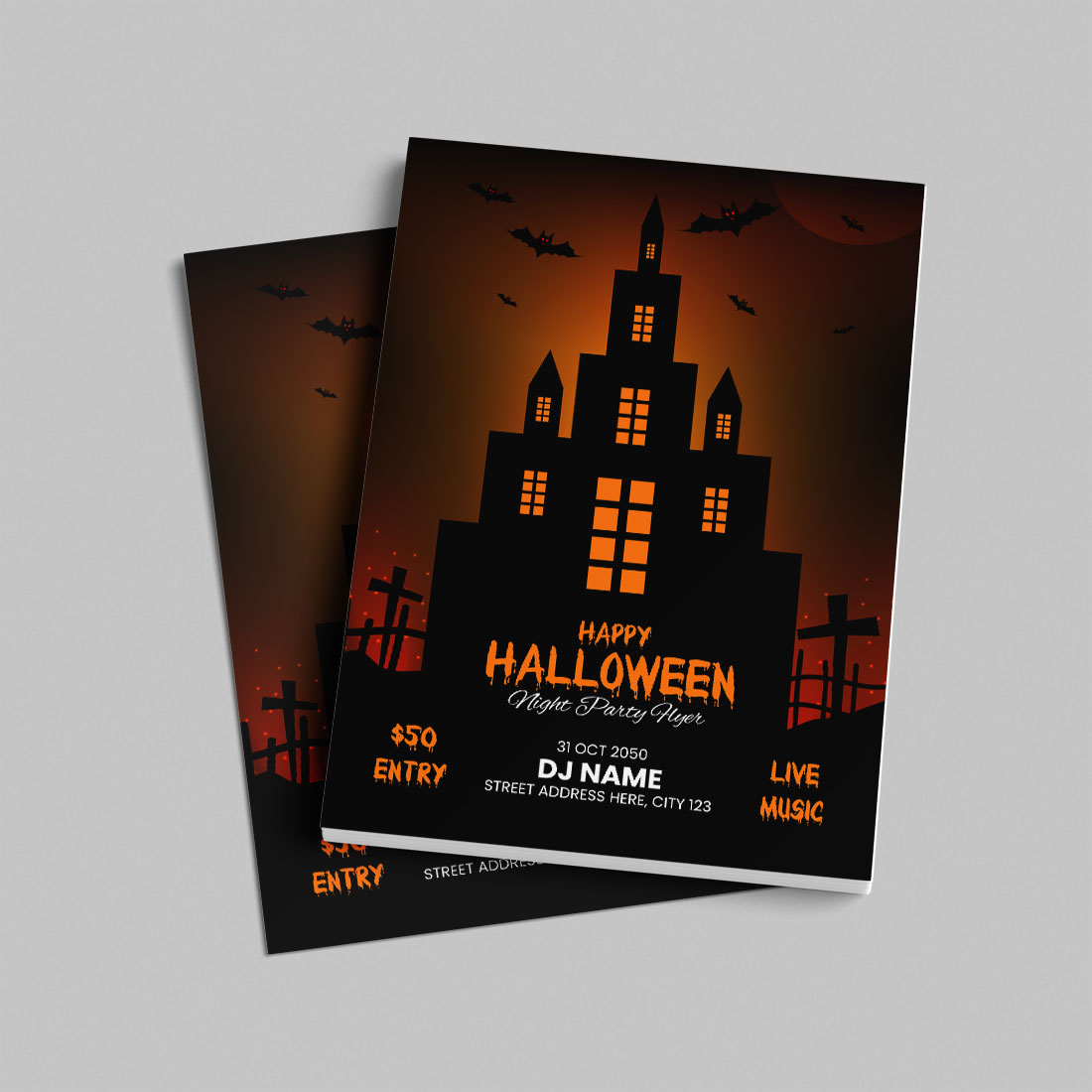 Halloween party flyer design template preview image.