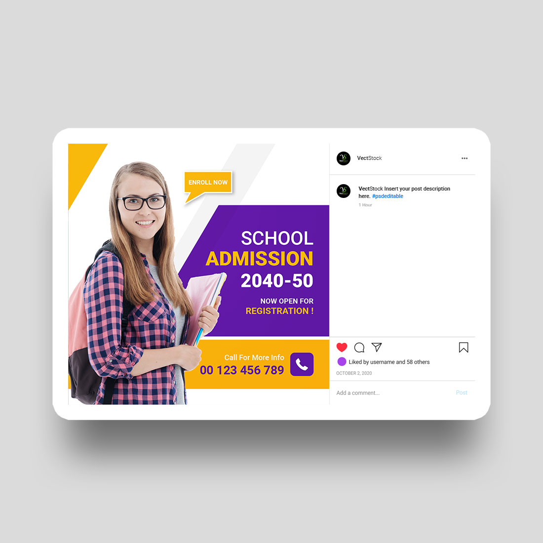 School admission social media post template design preview image.