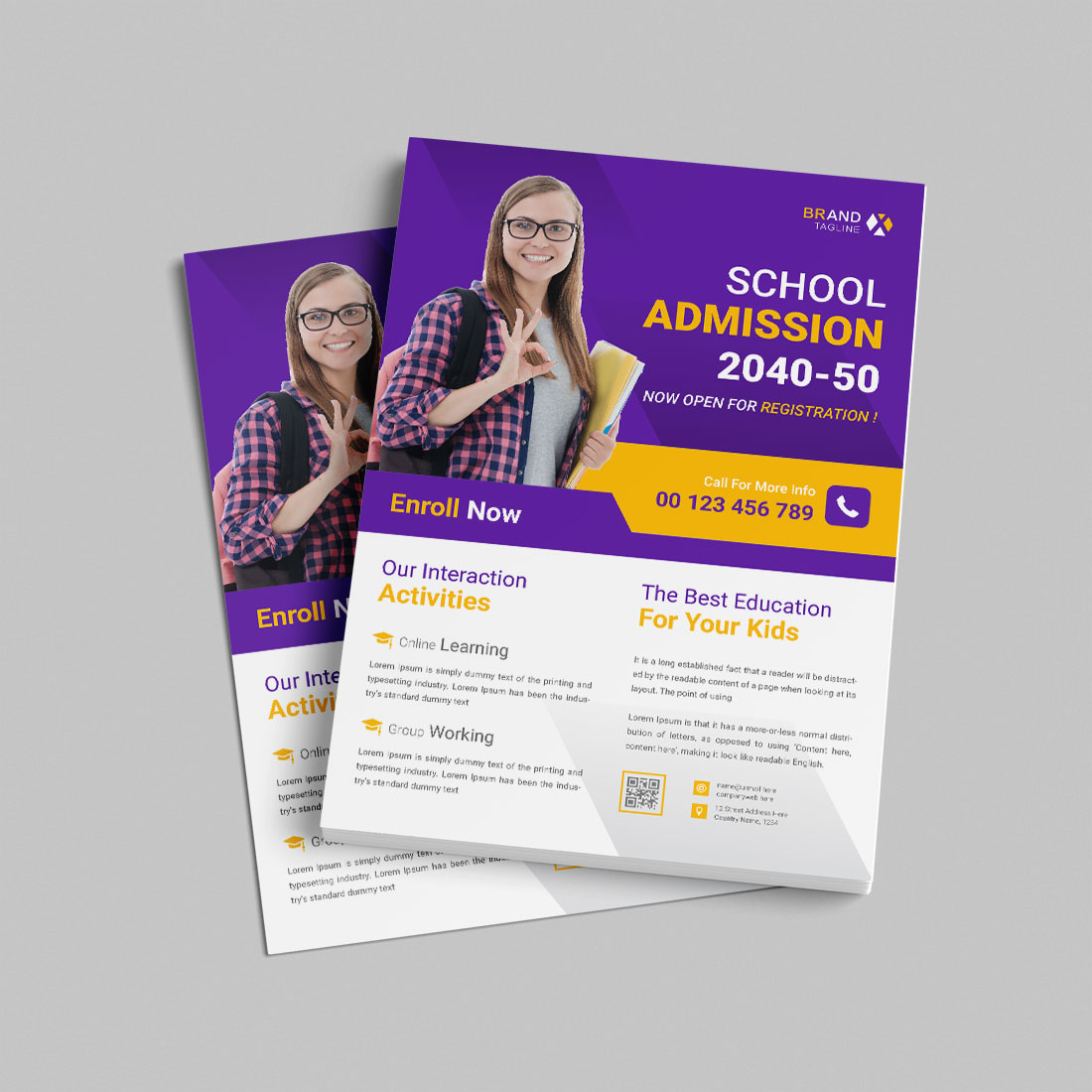 School admission flyer design template preview image.