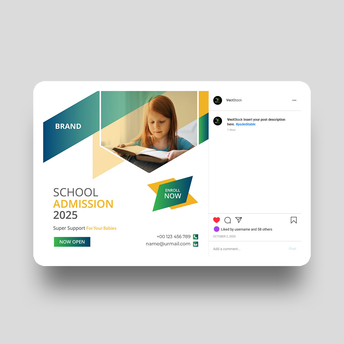 Admission social media Instagram post and banner template design preview image.