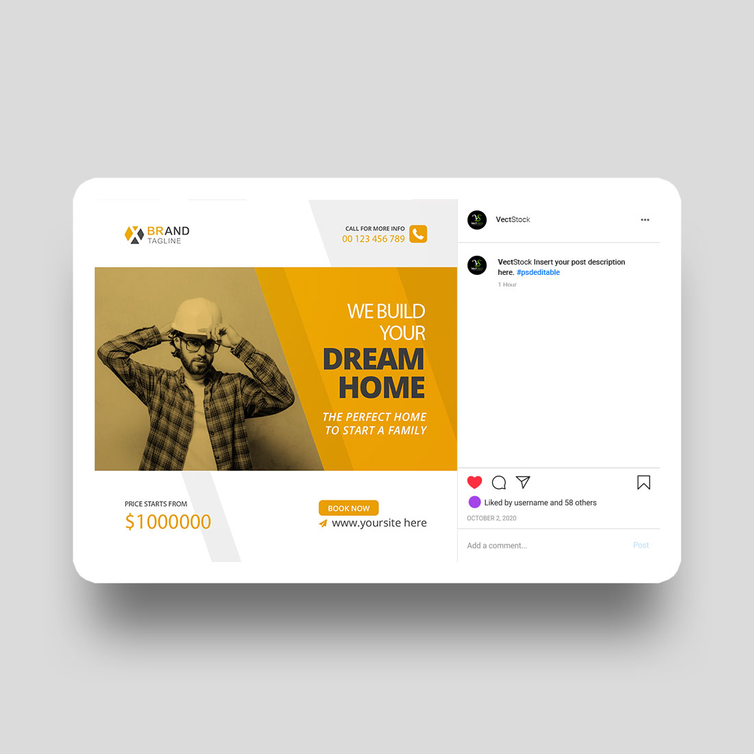 Construction social media Instagram post and banner template design preview image.