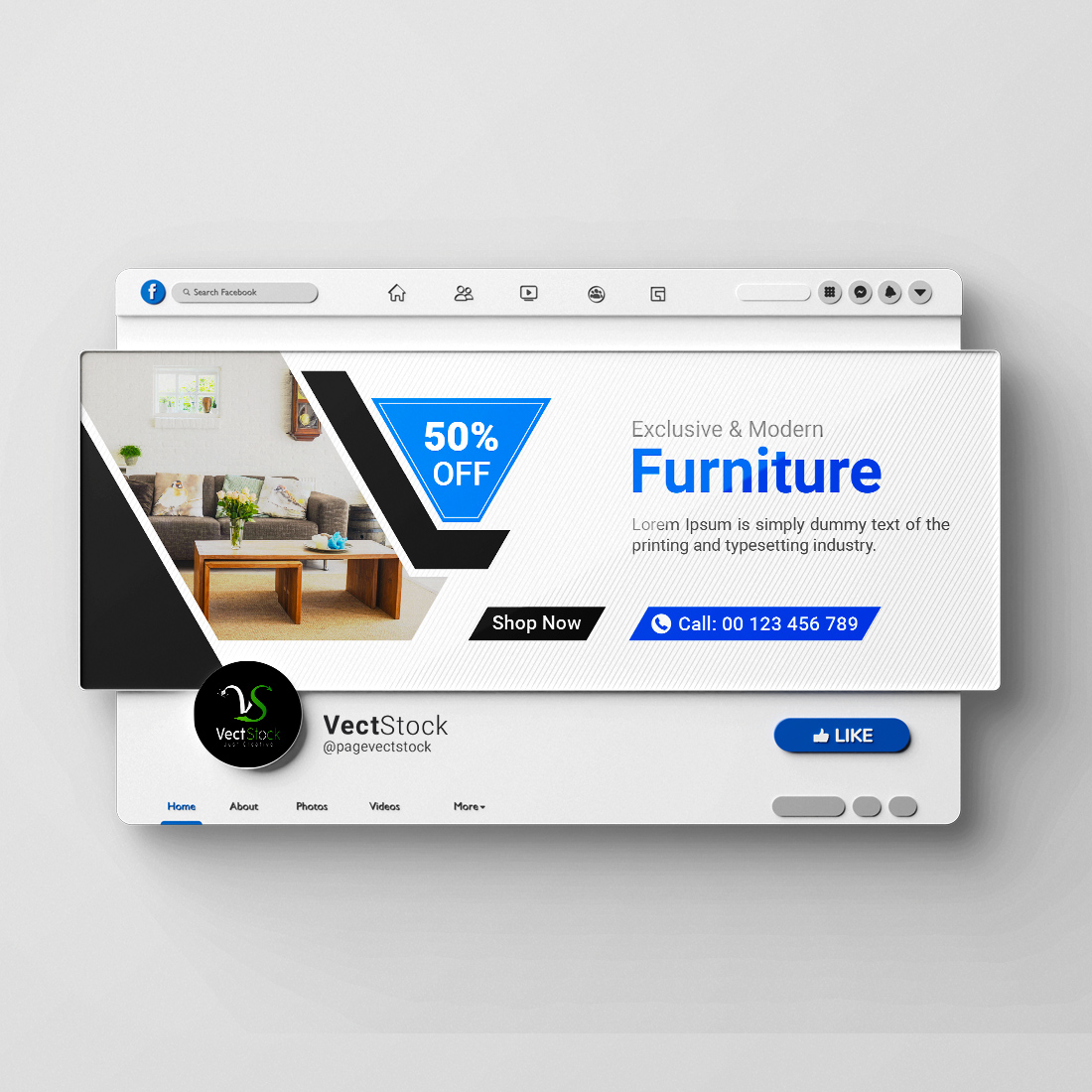 Furniture sale facebook cover template and social media banner preview image.