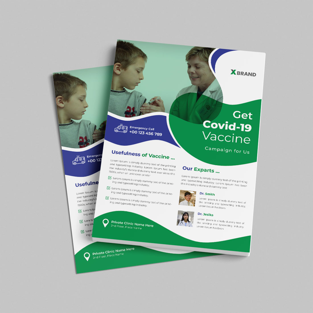 Covid-19 vaccine flyer design template preview image.