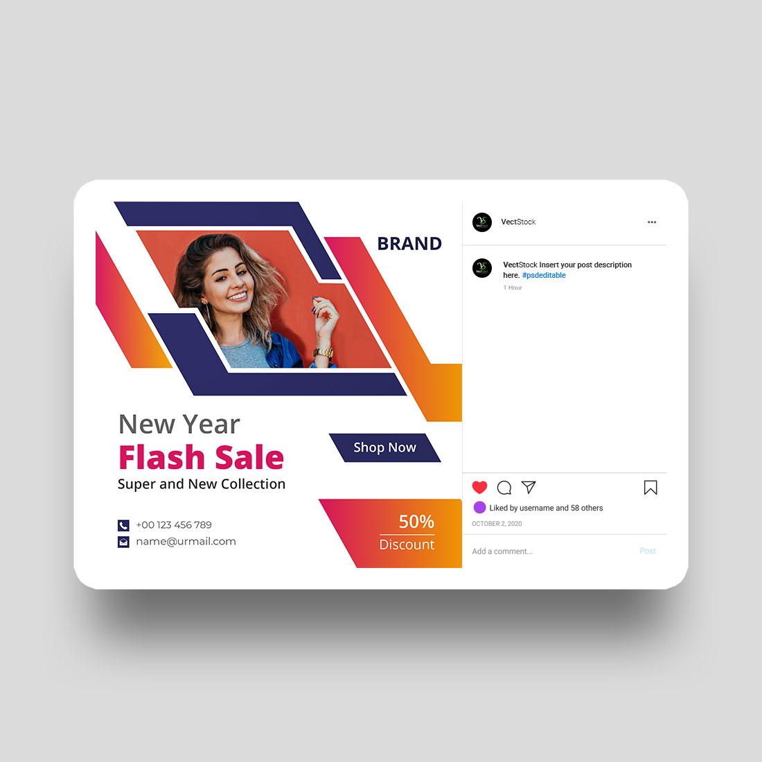 New year flash sale social media Instagram post and banner template design preview image.