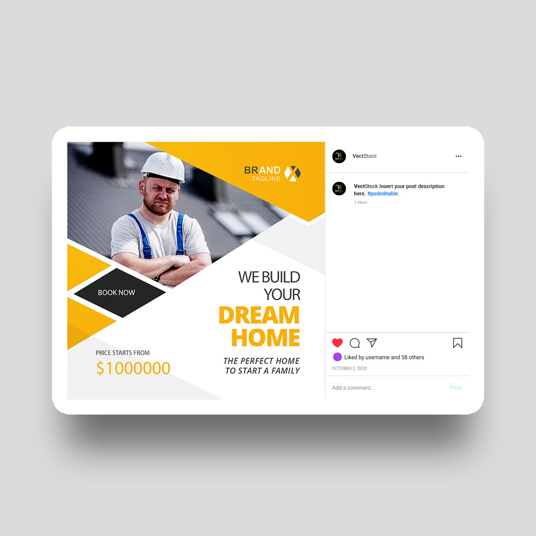 Construction social media Instagram post design and banner template preview image.