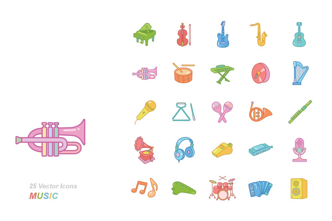Music color vector icons cover image.