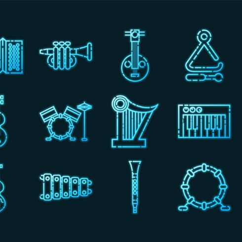 Musical instruments set icons. Blue cover image.