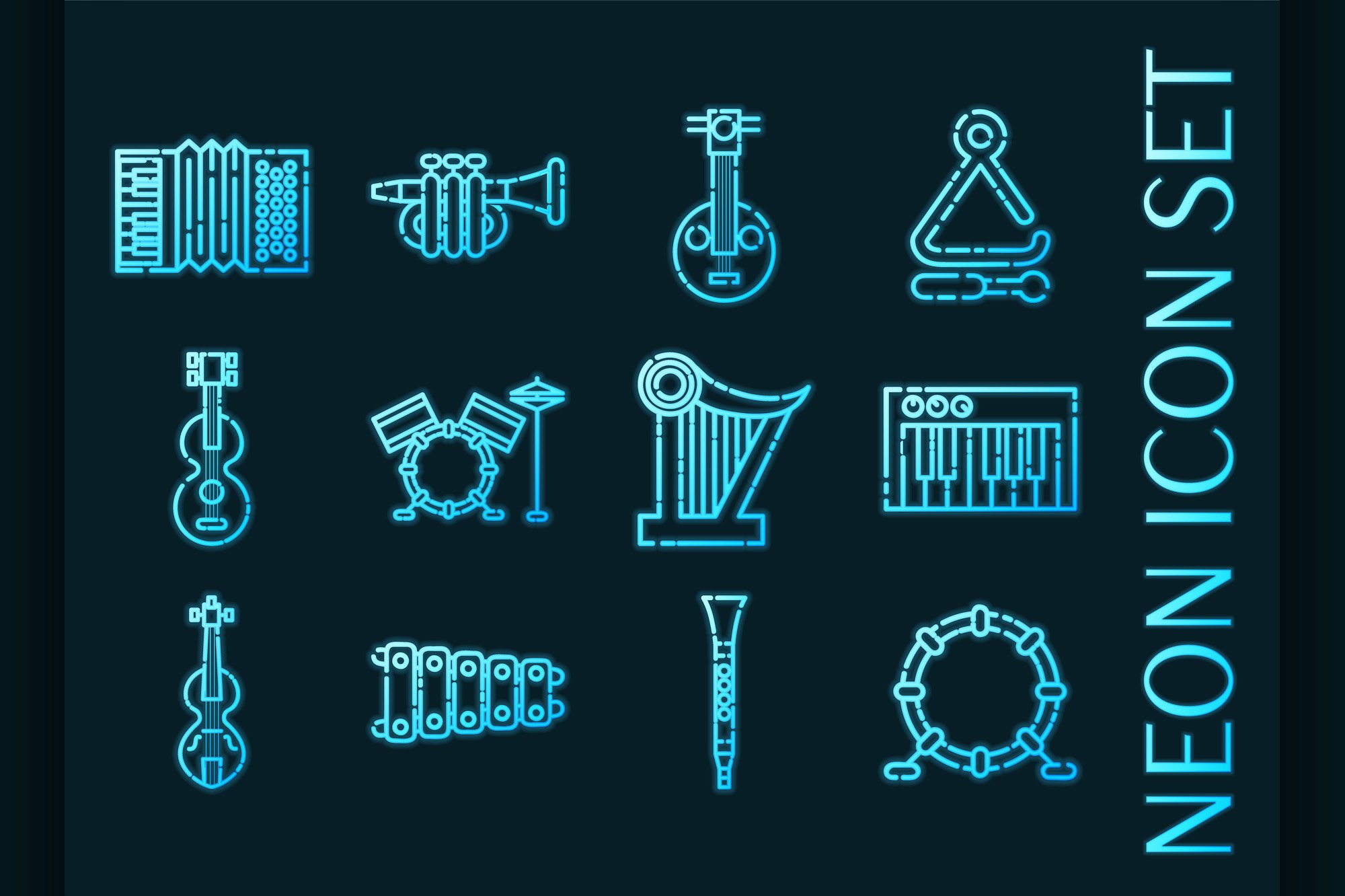 Musical instruments set icons. Blue cover image.