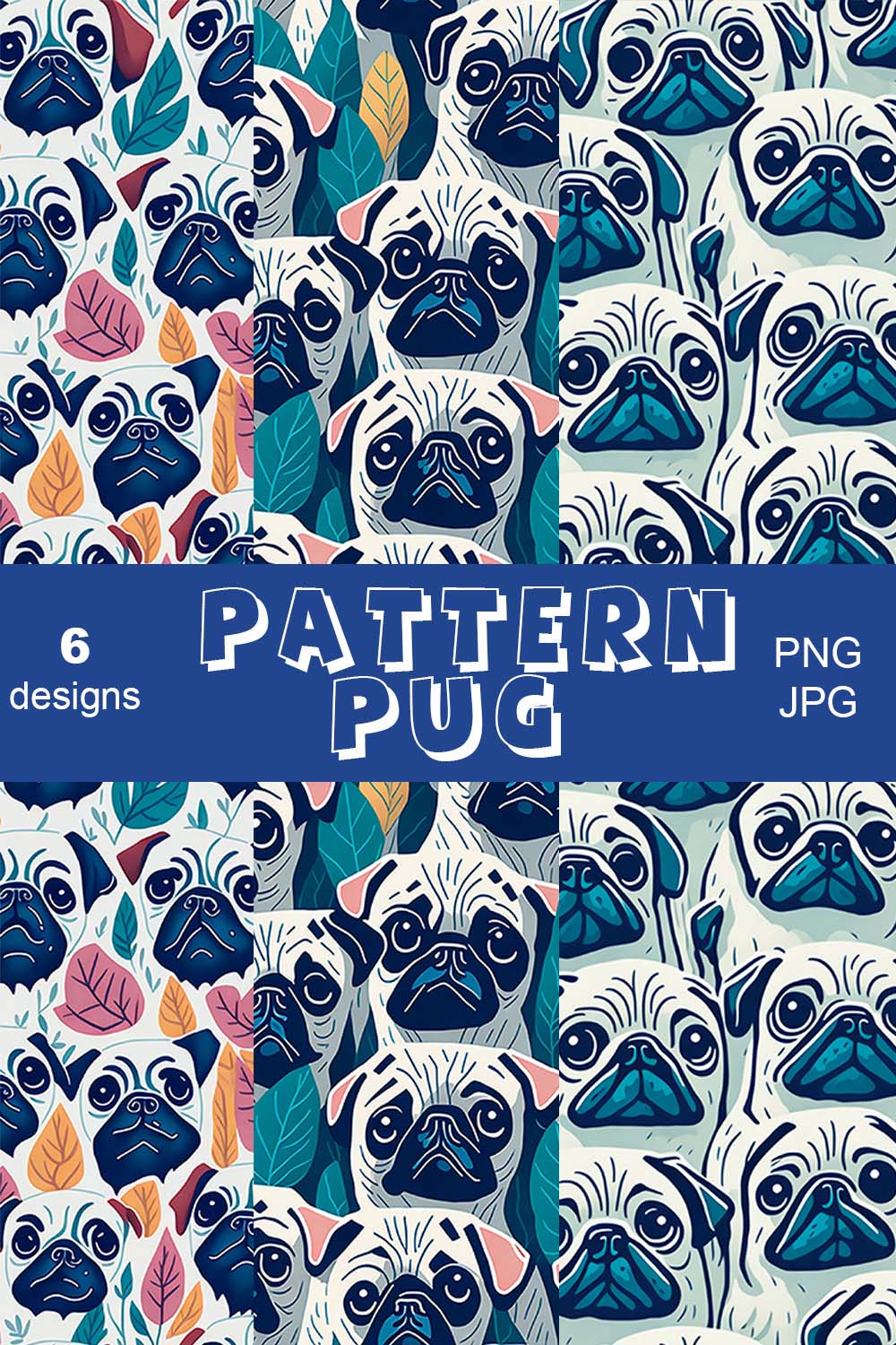 Adorable pug Pattern Set pinterest preview image.