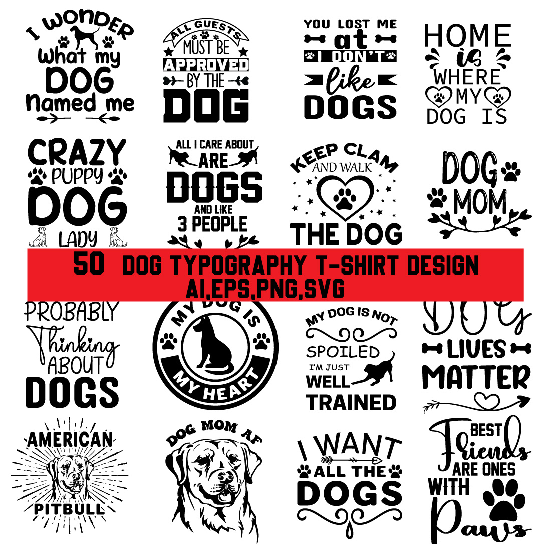 50 Dog typography t-shirt design bundle cover image.