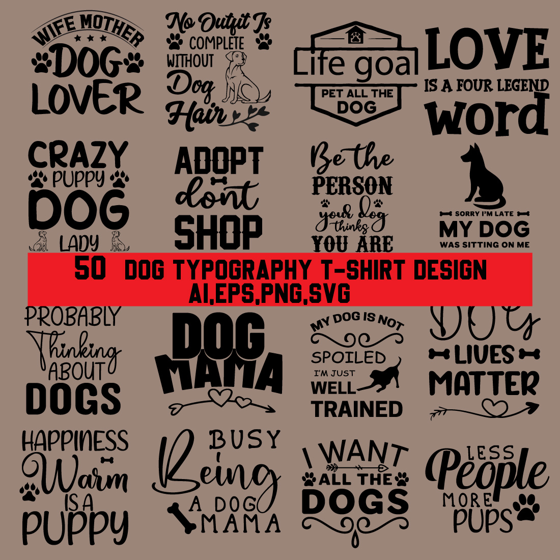 50 Dog typography t-shirt design bundle preview image.