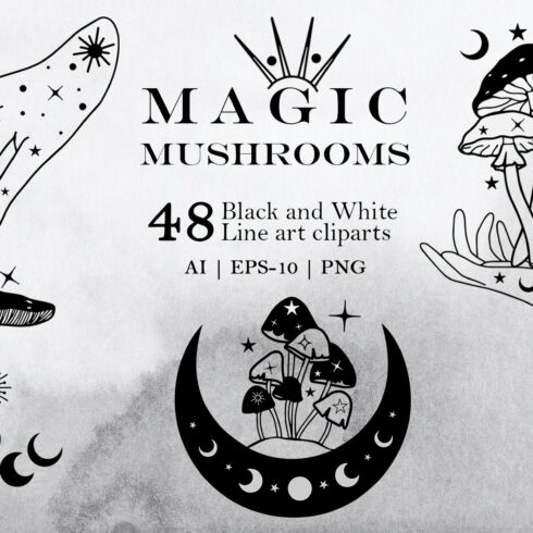 Magic mushrooms line art clipart cover image.