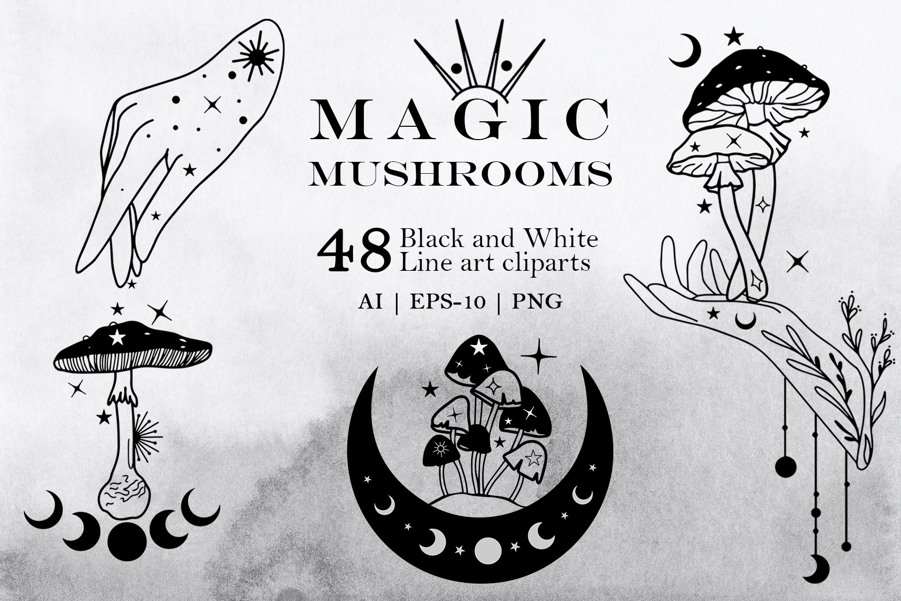 Magic mushrooms line art clipart cover image.