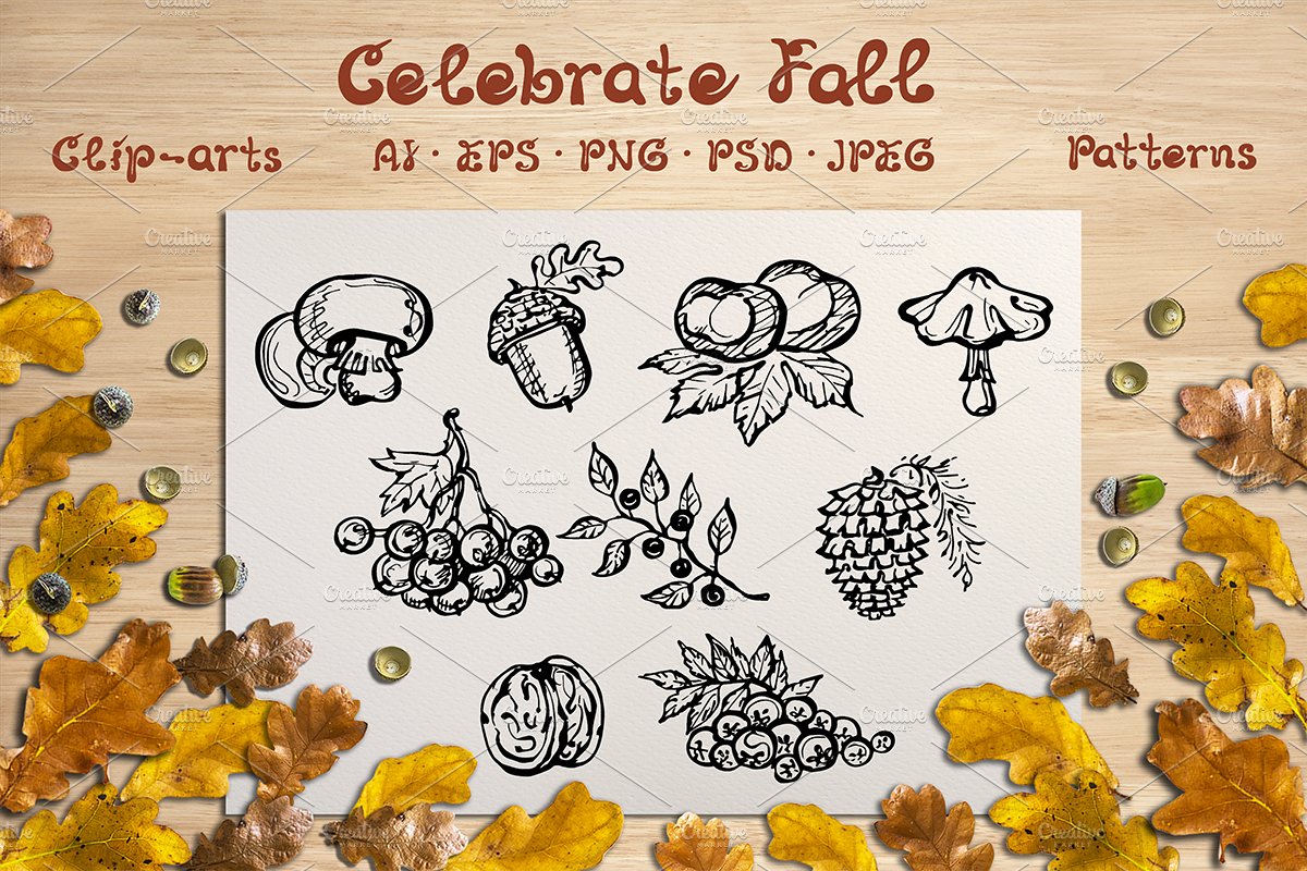 Fall elements, cards and patterns cover image.